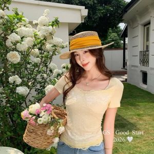 Nacely｜奶霧花園・蕾絲波點網紗短袖Tee Y7118